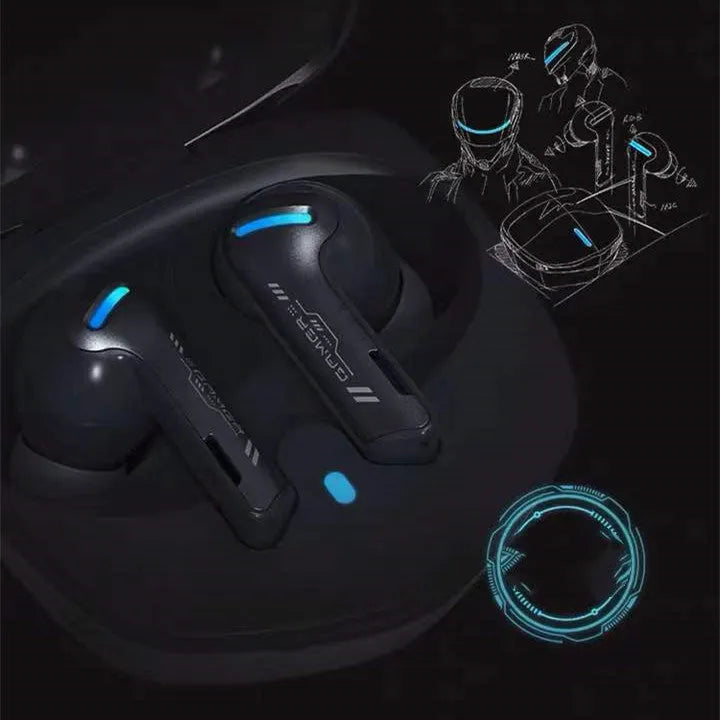 Grey QCY-G1 wireless in-ear gaming headset and its portable charging case on a table.