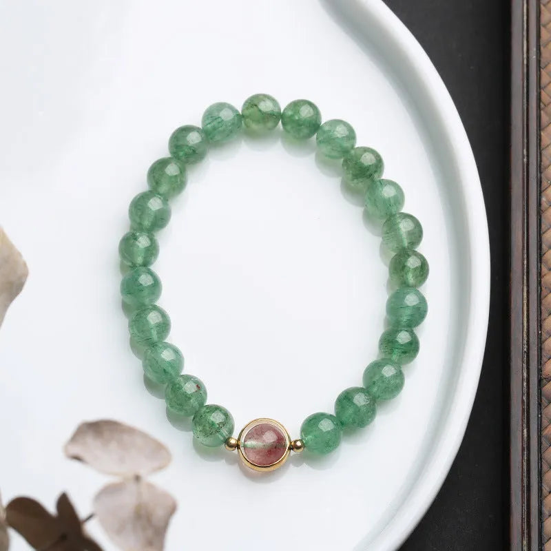Natural green strawberry quartz 7.5mm bead hand-woven women's bracelet geometric Chinese-style design.