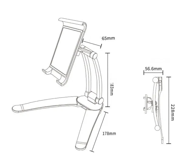 Silver and black aluminium alloy desktop tablet stand with adjustable arm and dual clamps.