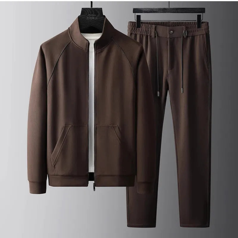 Men's stand collar casual sports suit with matching trousers in slim fit