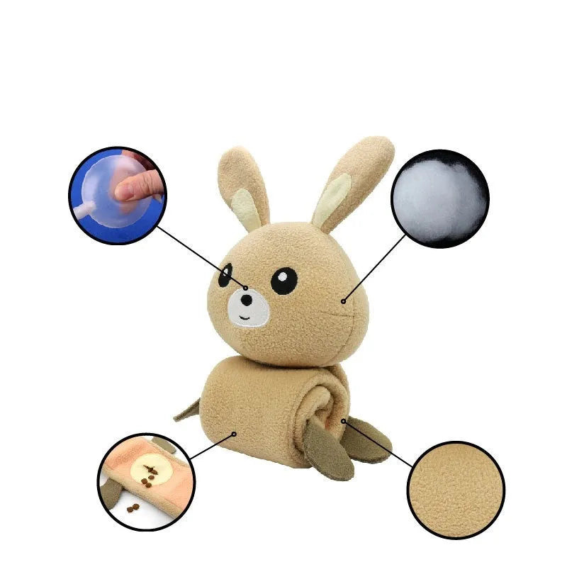 Plush fleece rabbit dog training toy with food hiding compartments measuring 650mm