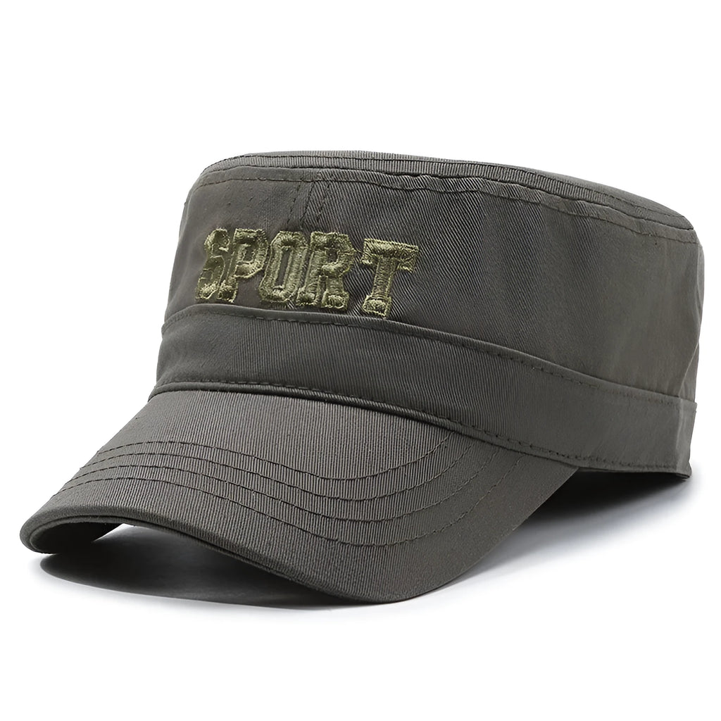 Men's flat-top dome peaked cap in cotton fabric on an adjustable strap, shown in khaki colour.