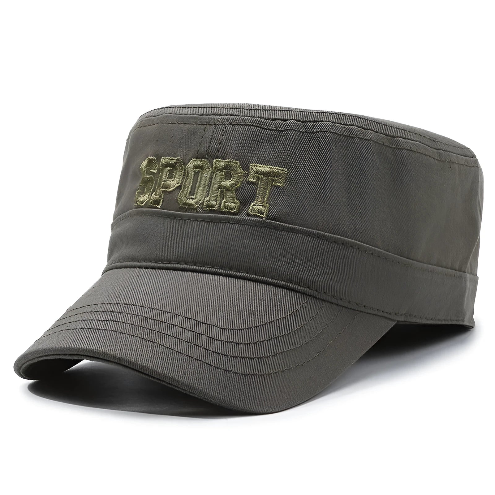 Men's flat-top dome peaked cap in cotton fabric on an adjustable strap, shown in khaki colour.