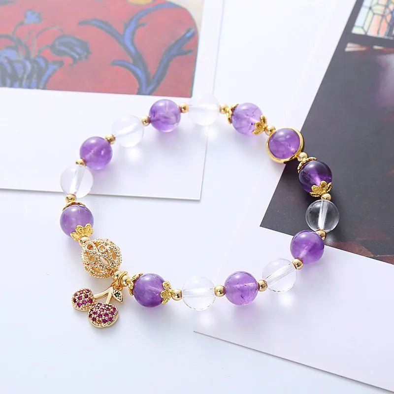 Purple amethyst crystal bracelet with micro-inlaid cherry blossom pattern for women's sweet fairy style jewellery