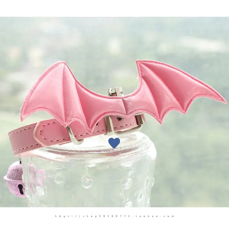 Patent leather satin adult collar with little devil wings and metal bell in multiple colours