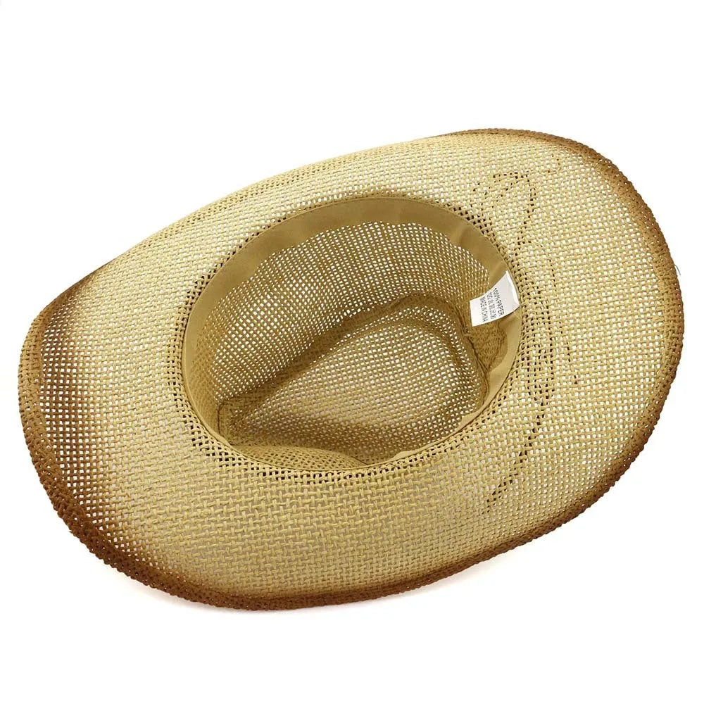 Straw cowboy hat in beige paper fabric with bell crown, free size, on neutral background