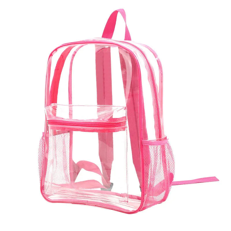 Transparent large PVC travel backpack in sapphire blue colour, showing interior contents.