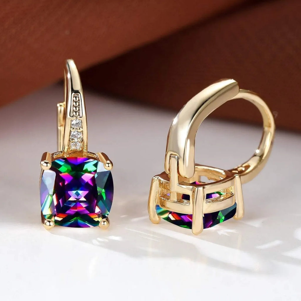 Geometric square ear clip with colourful moissanite inlay on electroplated copper background