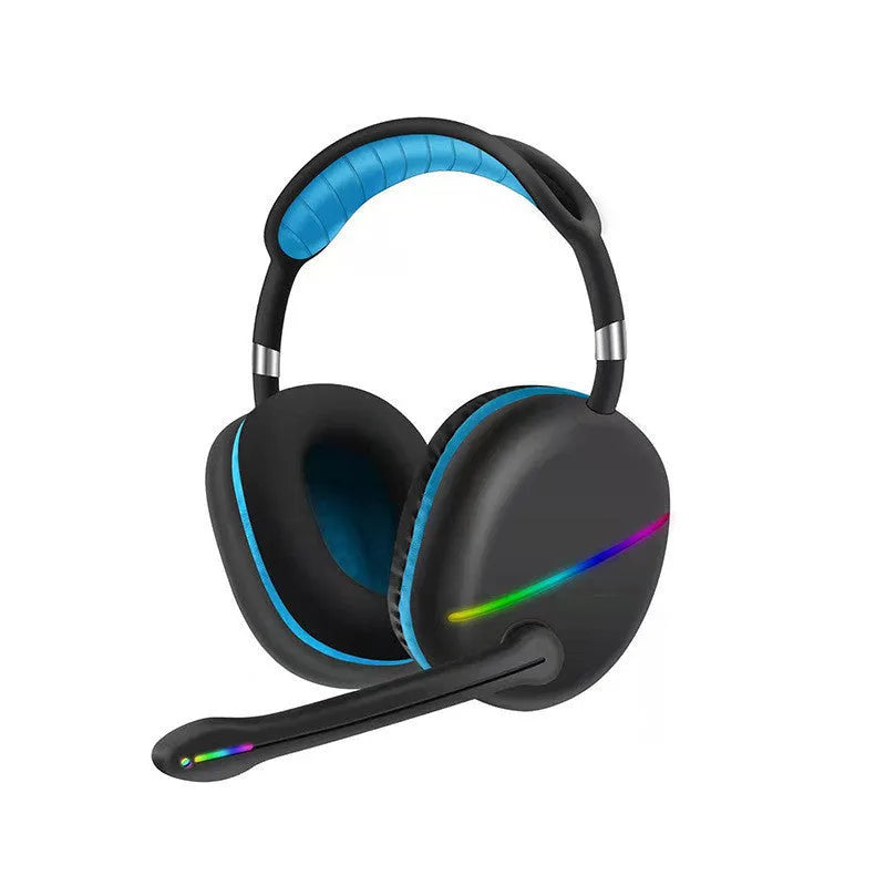 Wireless Bluetooth headset with RGB lighting in blue colour showing ear cup details