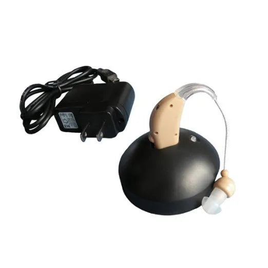 U-Kiss rechargeable behind-the-ear digital hearing aid amplifier with mini design and EU/US plug options.