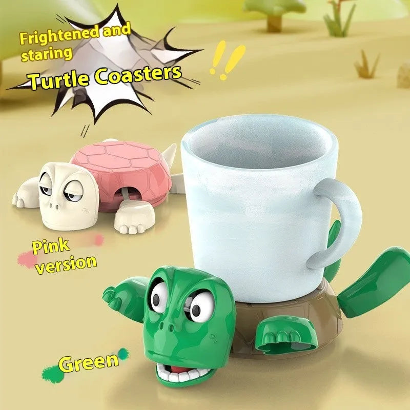 Set of four turtle-shaped drink coasters in light green, dark green, yellow, and wheat starch colours.