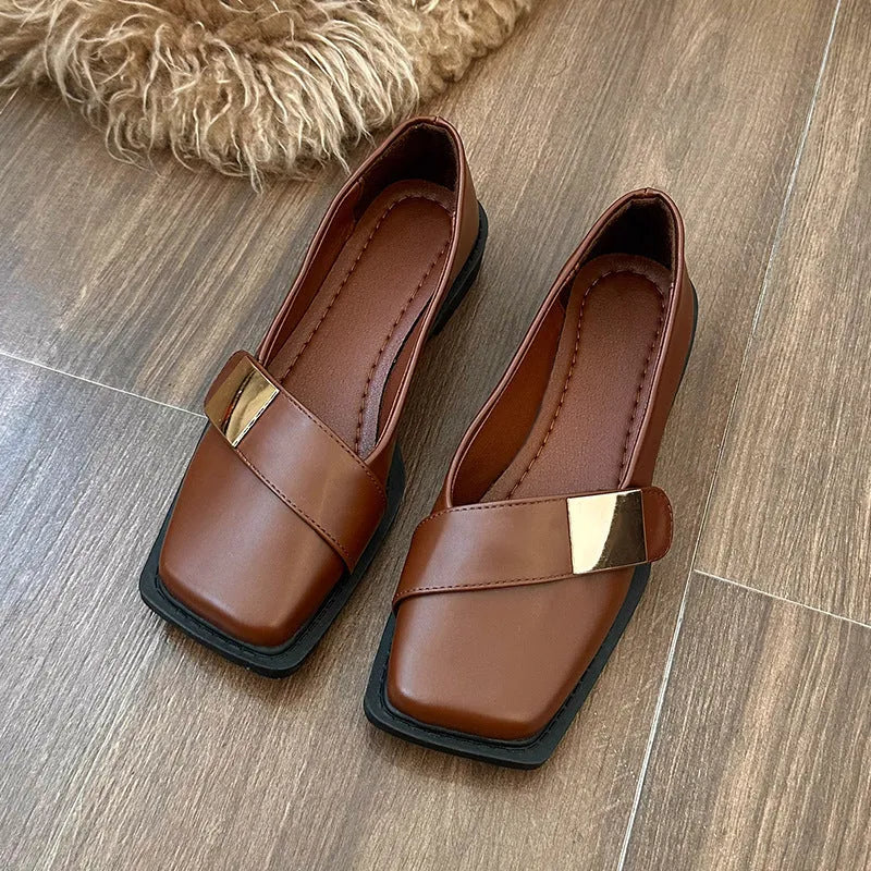 Women's square toe flat shoes with metal buckle in beige, black and brown colours with low 1-3cm heel