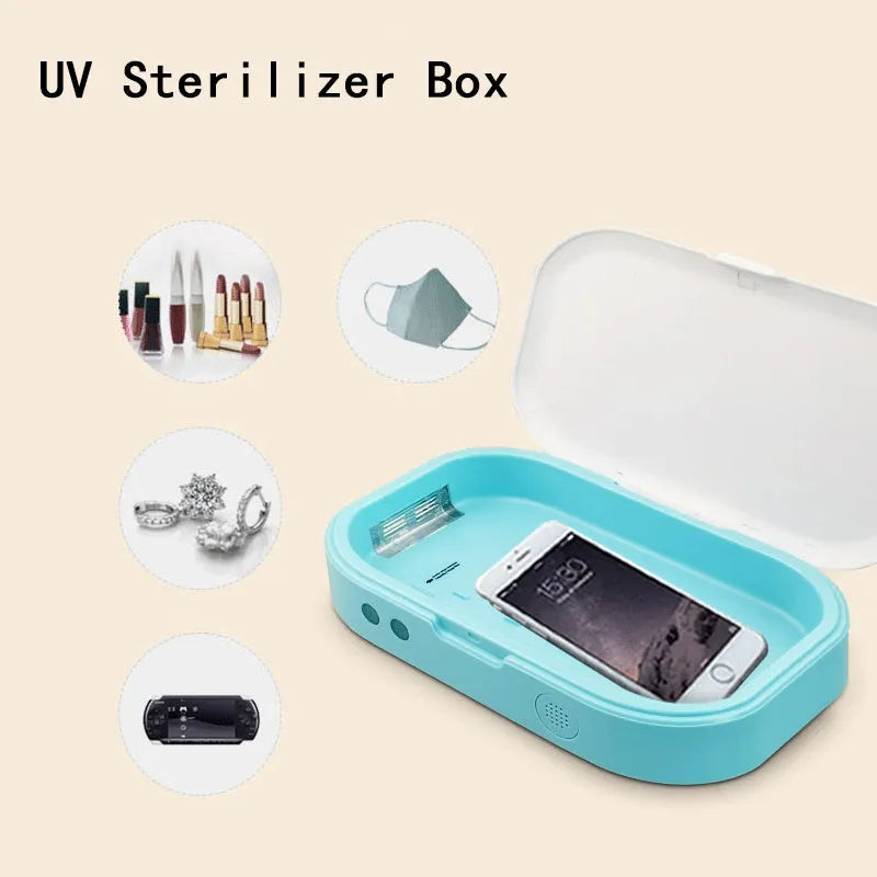 Blue UV steriliser box for mobile phones and small objects, with dual UV lamps and aromatherapy function