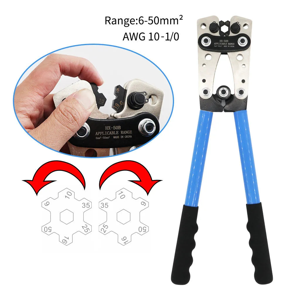 HX-50B aluminium cable crimping pliers kit with large head cutter and SC-60PC terminal set.