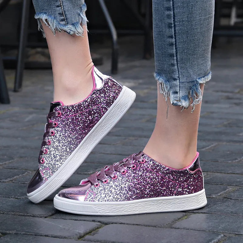 Women's black pink gold sequin casual shoes with round toe and lace-up closure