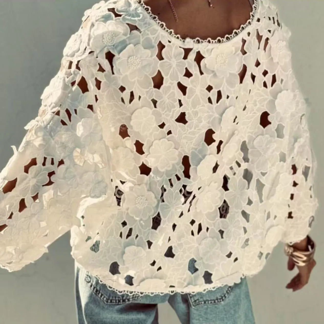 Women's loose fit lace cardigan with three-dimensional flower decoration and V-neck design