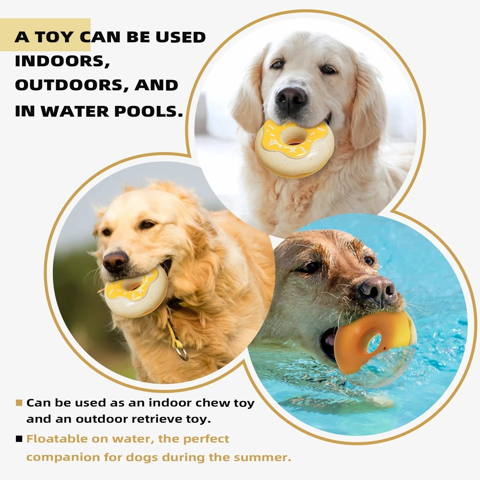 Pink, yellow, and chocolate coloured donut-shaped dog chew toy with squeaker for molar cleaning.