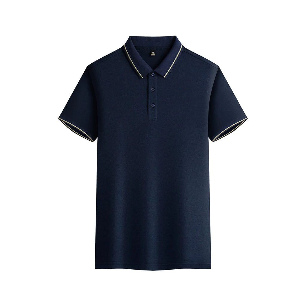 Men's solid colour short-sleeved polo shirt in polyester fabric on a hanger.