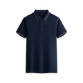 Men's solid colour short-sleeved polo shirt in polyester fabric on a hanger.