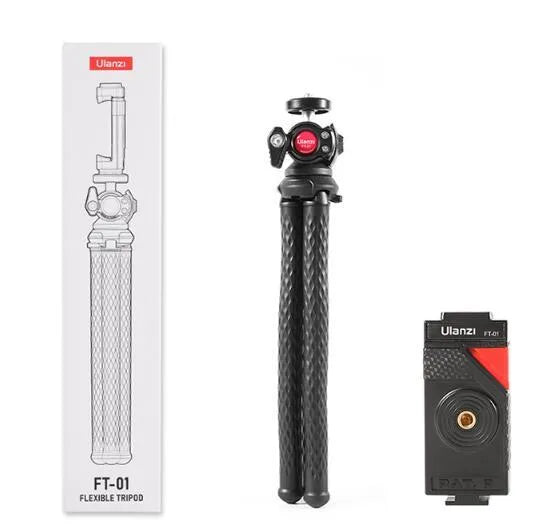 Black FT01 octopus tripod with flexible legs and a silver mobile phone clip attached, extended to 360mm.