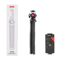 Black FT01 octopus tripod with flexible legs and a silver mobile phone clip attached, extended to 360mm.