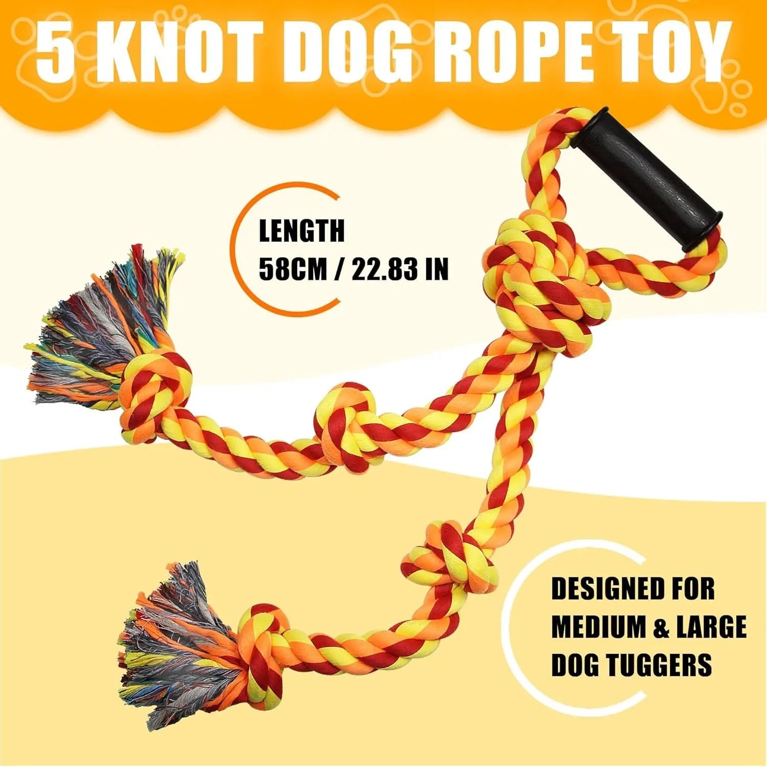 Blue and yellow dog rope toy with ergonomic handle for large breed aggressive chewers