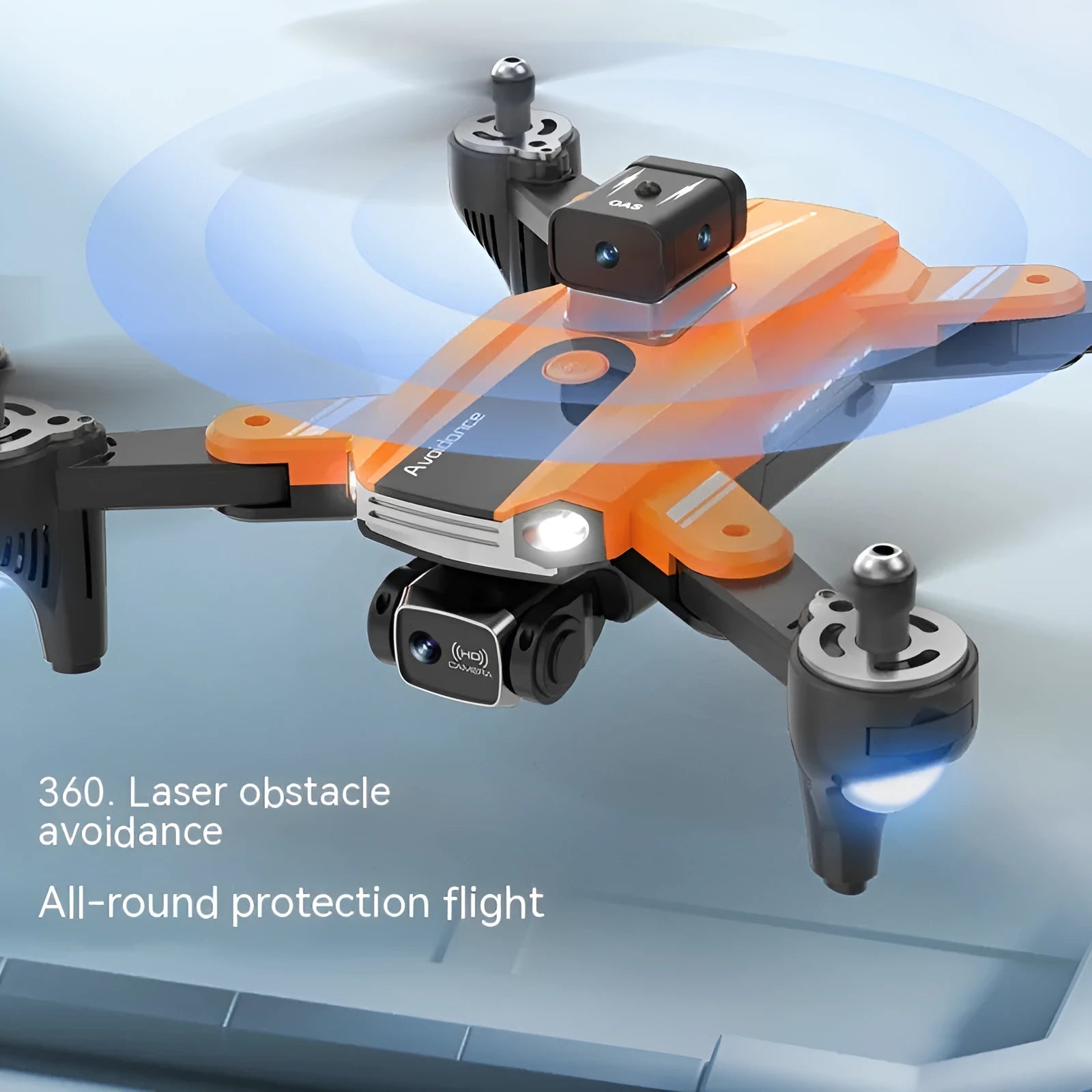 Orange four-axis plastic drone with propellers, featuring a dual camera and obstacle avoidance sensors.