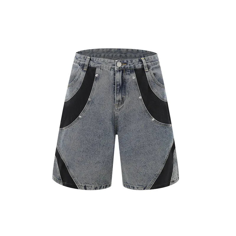 Retro washed denim suit with short sleeve jacket and matching trousers in black and blue colour options