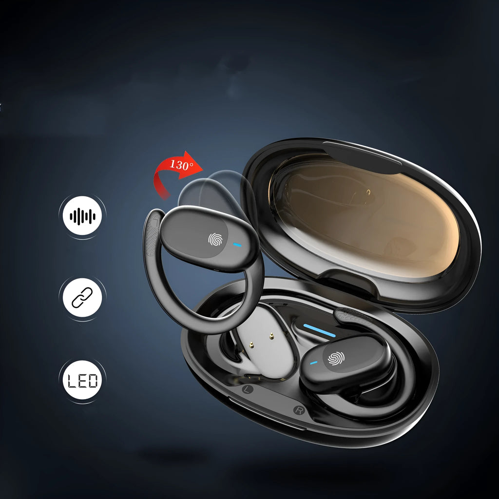 Non in-ear air conduction Bluetooth headset in black with breathing light, rotatable JM05 model on white background