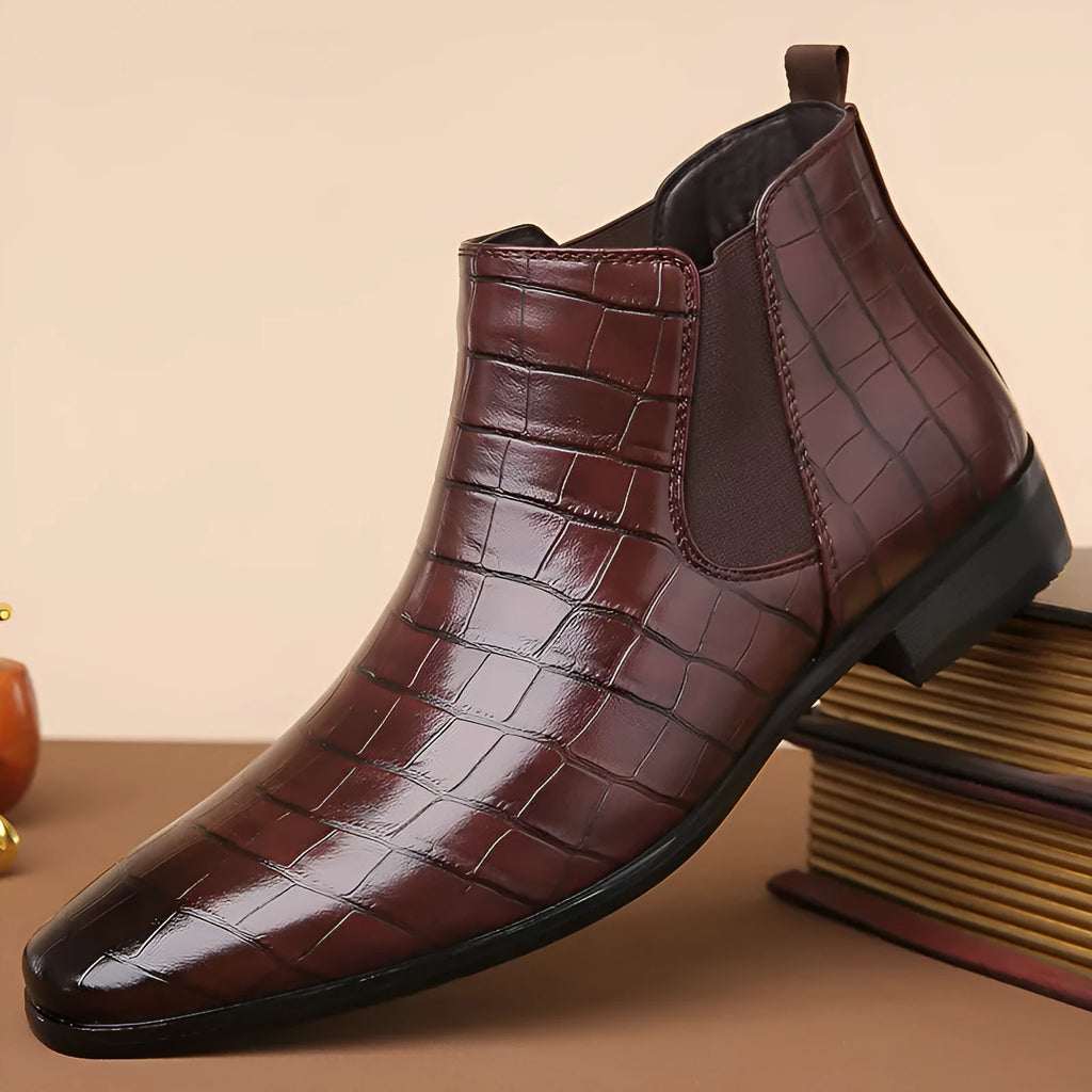 Men's glossy artificial leather Chelsea boots in high-top style with rubber sole, available in multiple colours