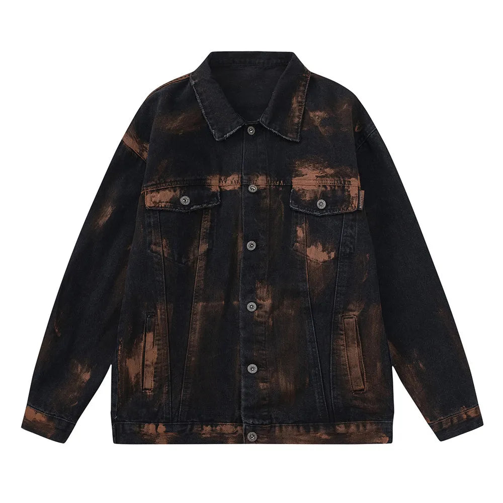 Black cotton denim jacket for men with fashion holes in street style