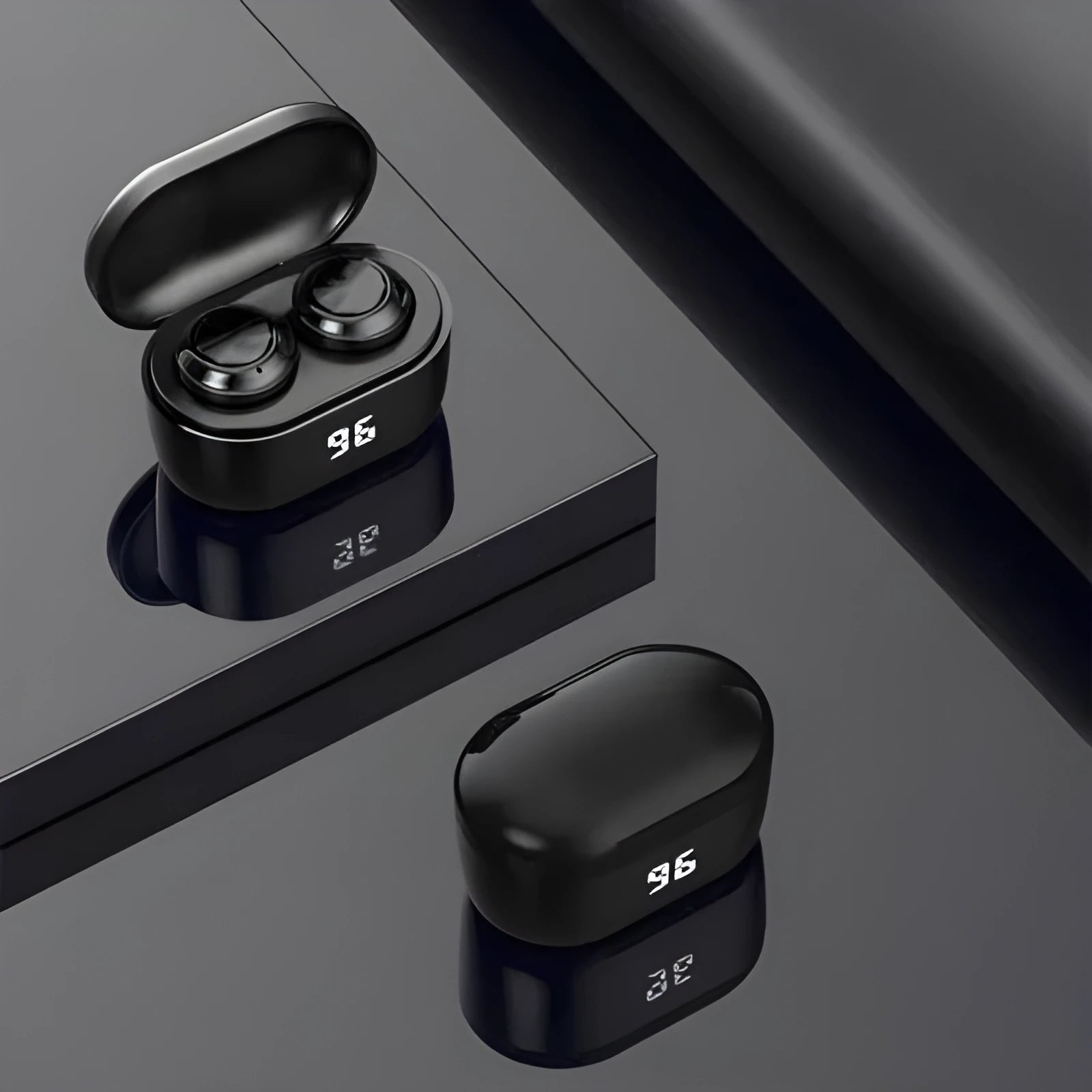 Black wireless stereo Bluetooth over-ear headset with earplug design on a white background.