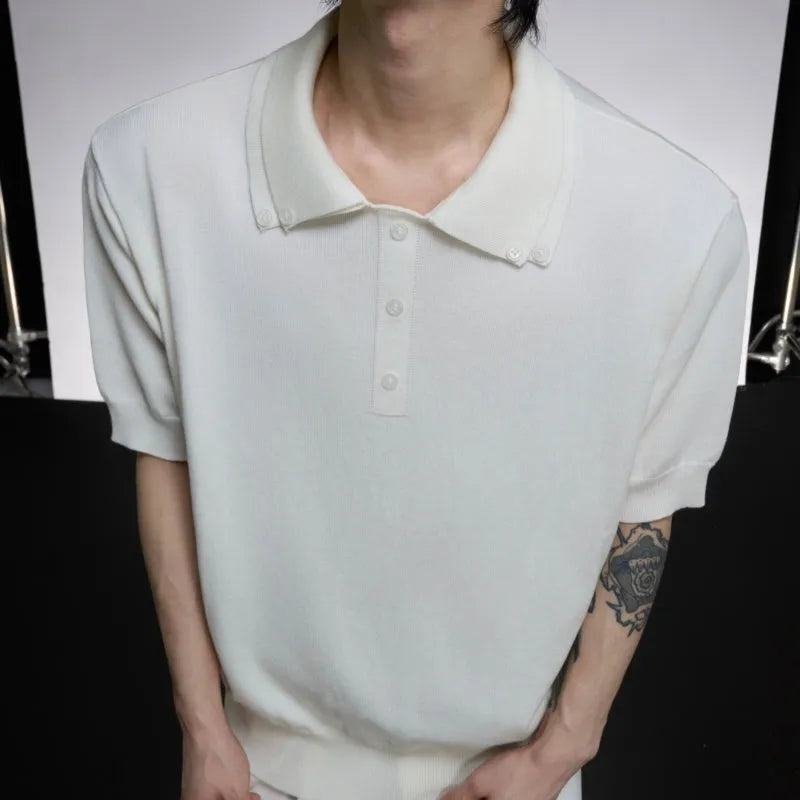 Men's black knitted polo shirt with double collar design and short sleeves