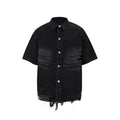 Denim two-piece streetwear set with leopard print stitching on short sleeve top and matching shorts
