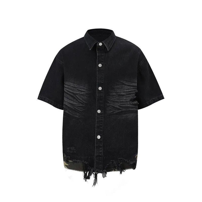 Denim two-piece streetwear set with leopard print stitching on short sleeve top and matching shorts