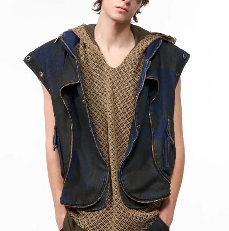 Blue hooded denim vest coat with matching trousers mens Korean style casual set
