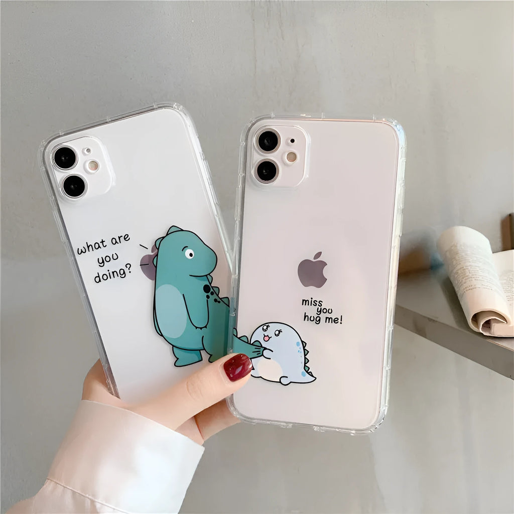 Transparent airbag shockproof mobile phone case for iPhone with green dinosaur design on clear back.