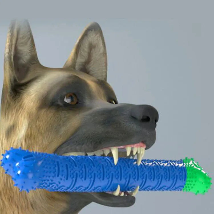 Blue green dog dental cleaning toy stick measuring 25 cm with silicone brush core and massage nodules