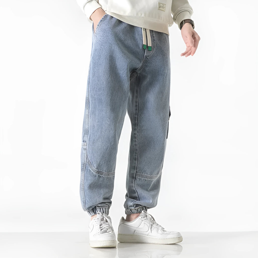 Men's loose-fit tapered cotton trousers in black, blue, or grey colours