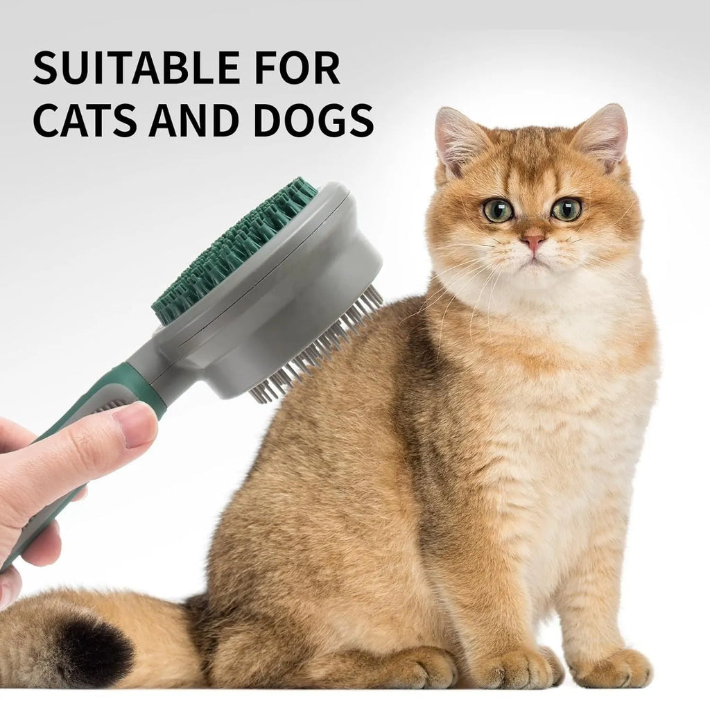 Green and pink dual-sided pet brush showing retractable slicker brush and silicone massager on a white background