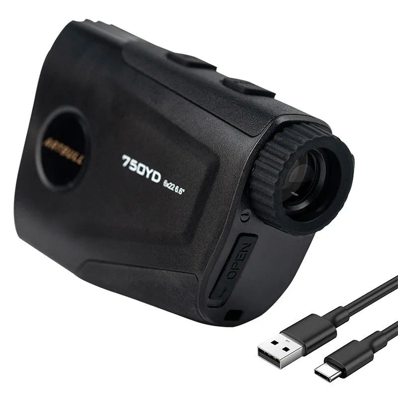 Golf laser rangefinder device showing LCD display with distance measurement and Type-C charging port