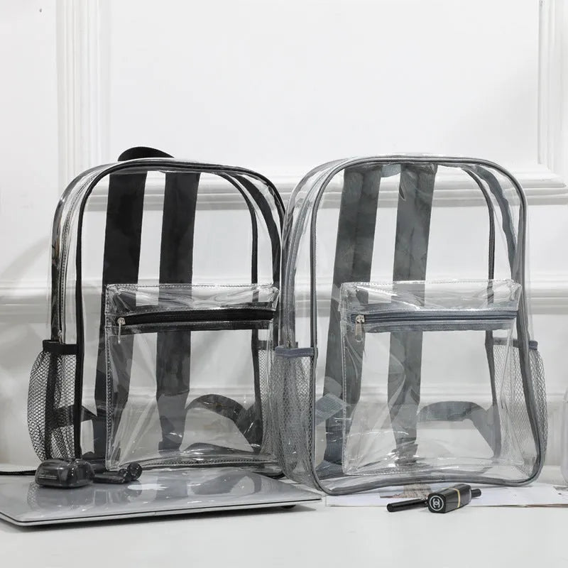 Transparent large PVC travel backpack in sapphire blue colour, showing interior contents.