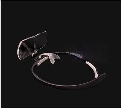 TR90 plastic head-mounted magnifying glass with large acrylic lenses, shown on a head or with adjustable nose pad detail.