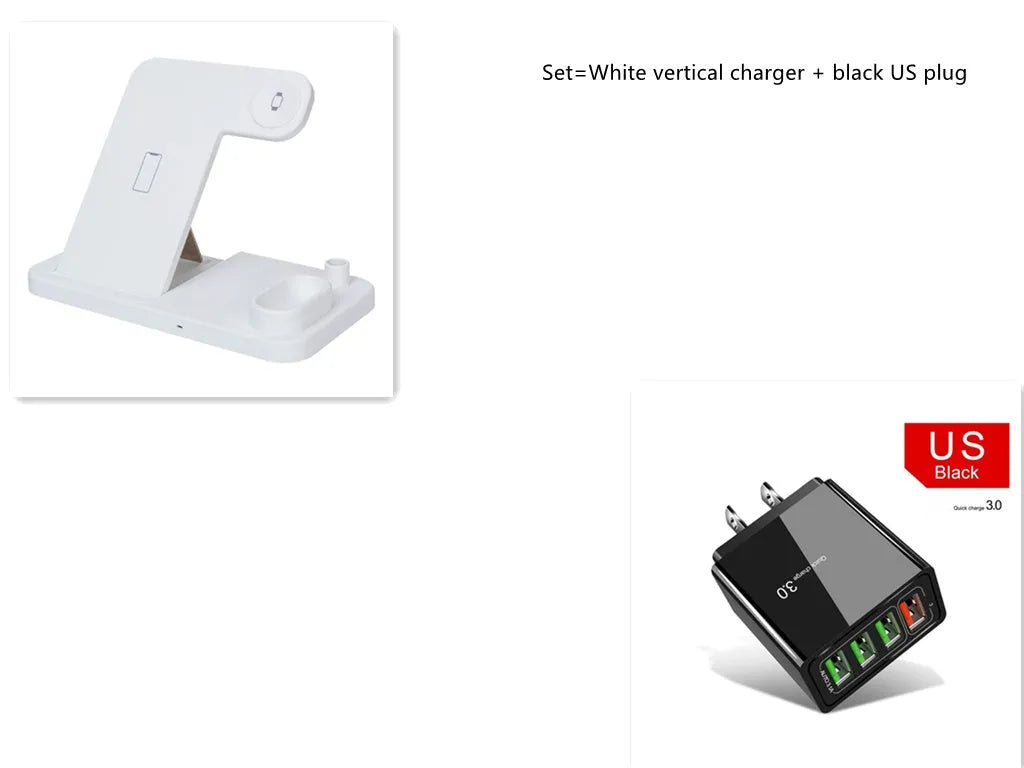 4-in-1 adjustable wireless charging station showing phone, watch, earbuds and pencil charging on a desk.