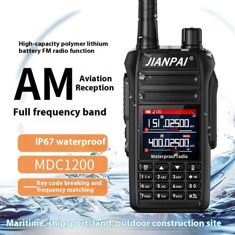 Black Interphone aviation full band radio communication headset with complete kit including battery, antenna, and charging equipment