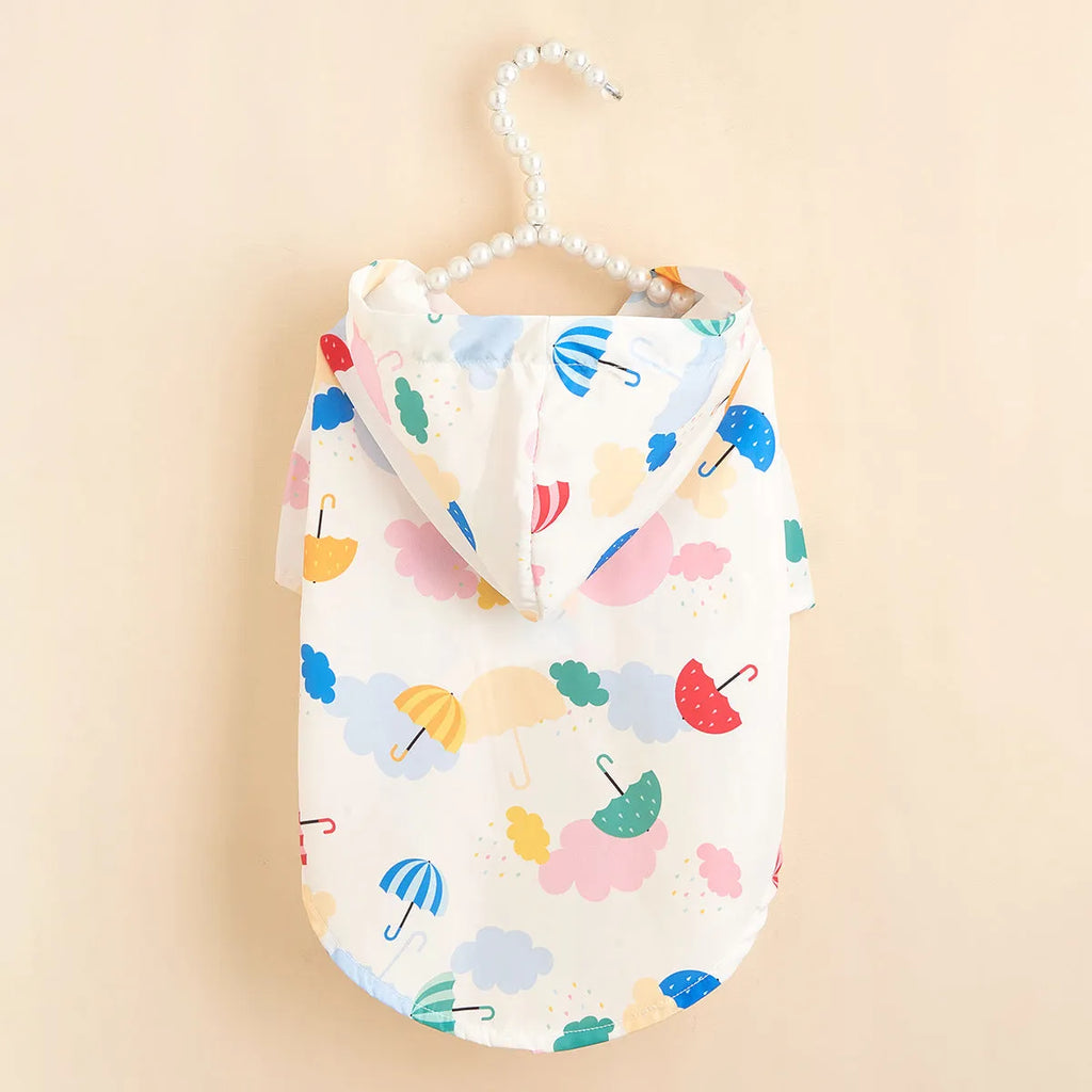Colourful cartoon umbrella pattern polyester raincoat for a dog, sizes XS to XL.
