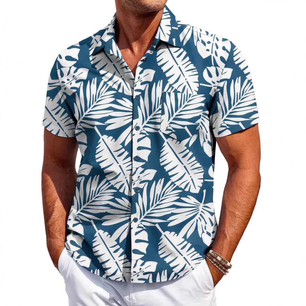 Men's slim-fit Hawaiian short-sleeve shirt in elastic polyester fabric on a hanger.