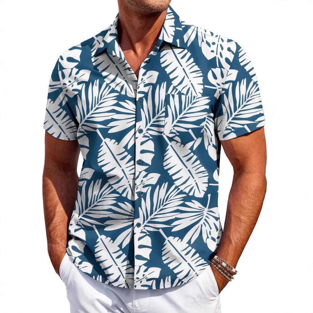 Men's slim-fit Hawaiian short-sleeve shirt in elastic polyester fabric on a hanger.