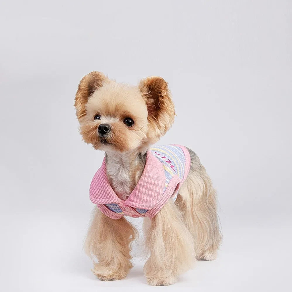 Pink purple vest for a small dog or cat, showing the autumn pet clothing on a mannequin.