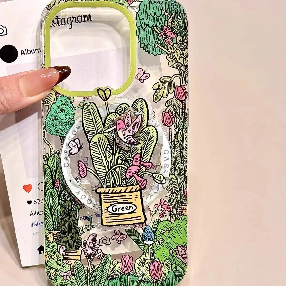Retro oil painting jungle bird acrylic phone case with magnetic suction bracket in frosted finish for Apple iPhone